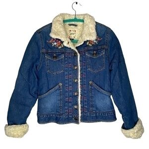 GAP Girls Jean Jacket Denim Blue Faux Sherpa Lined Floral Embroidered Size XL 12